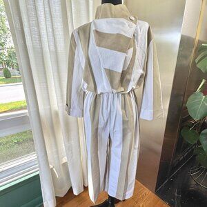 Vintage 80s jumpsuit, taupe & white stripes, avant-garde style, asymmetric top